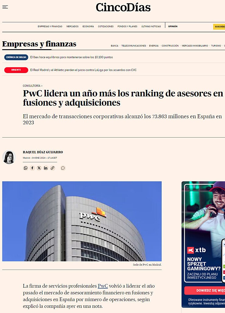 PwC lidera un ao ms los ranking de asesores en fusiones y adquisiciones